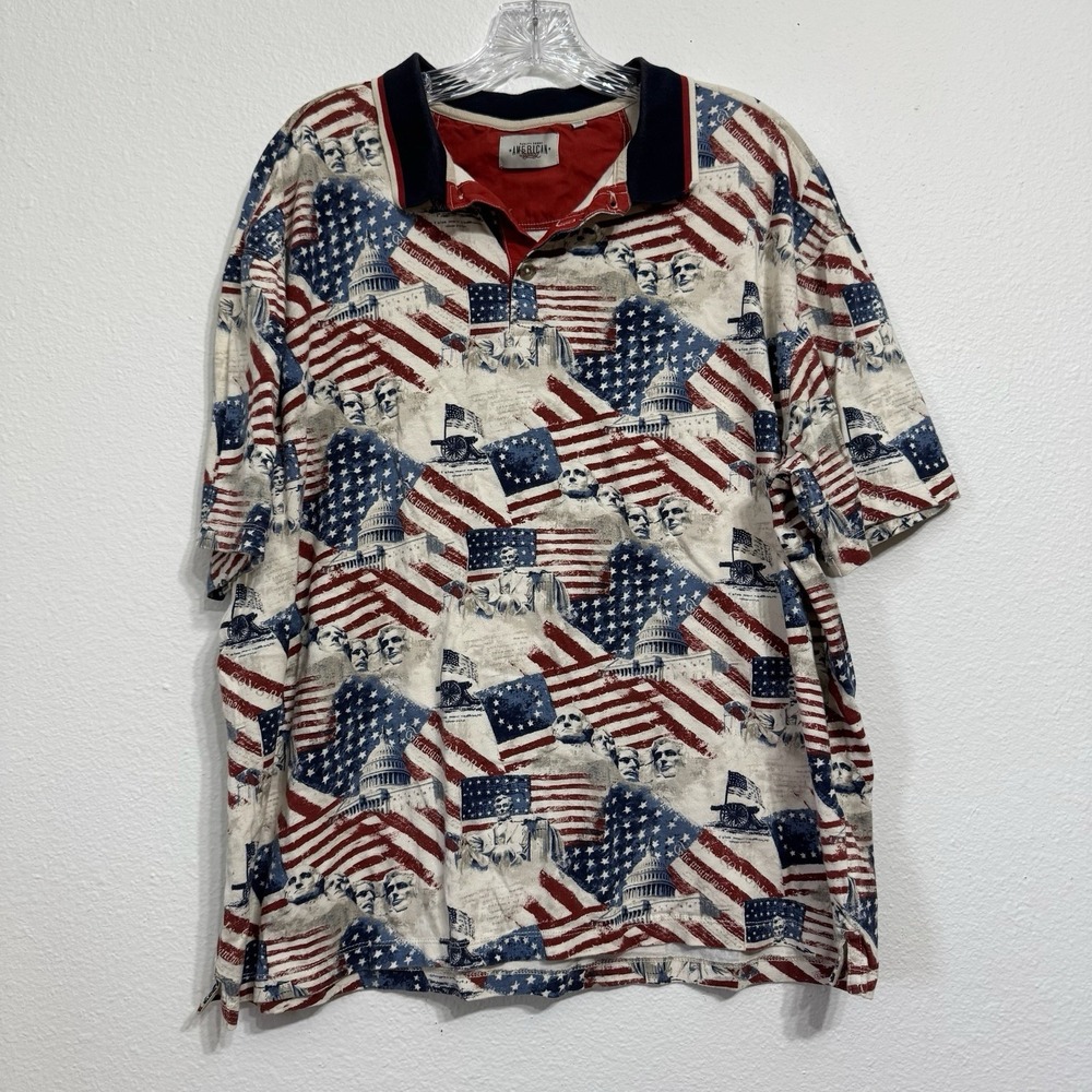 American Legacy Mount Rushmore USA Flag Polo‎ Short Sleeve T Shirt Mens Size XL